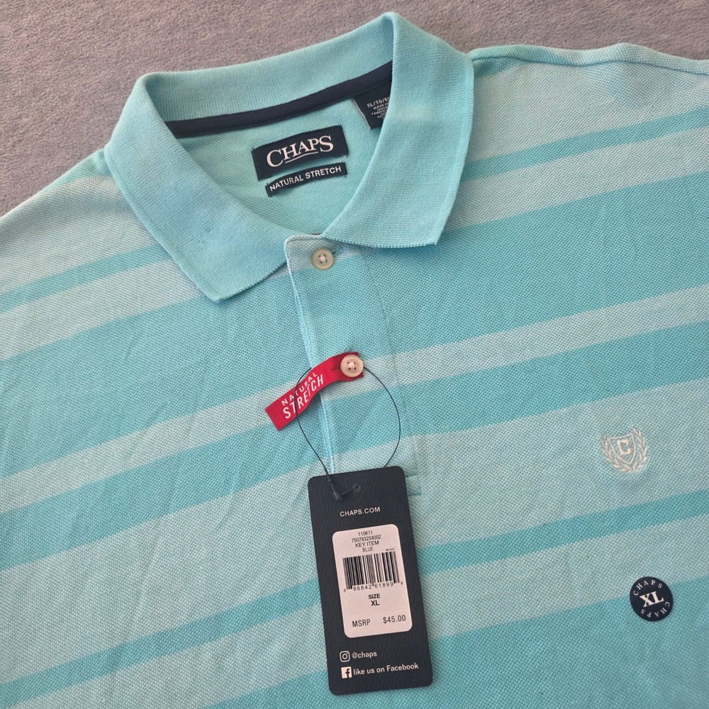 Chaps Mens Natural Stretch Striped Polo Shirt Aqua Blue XL 750783234002